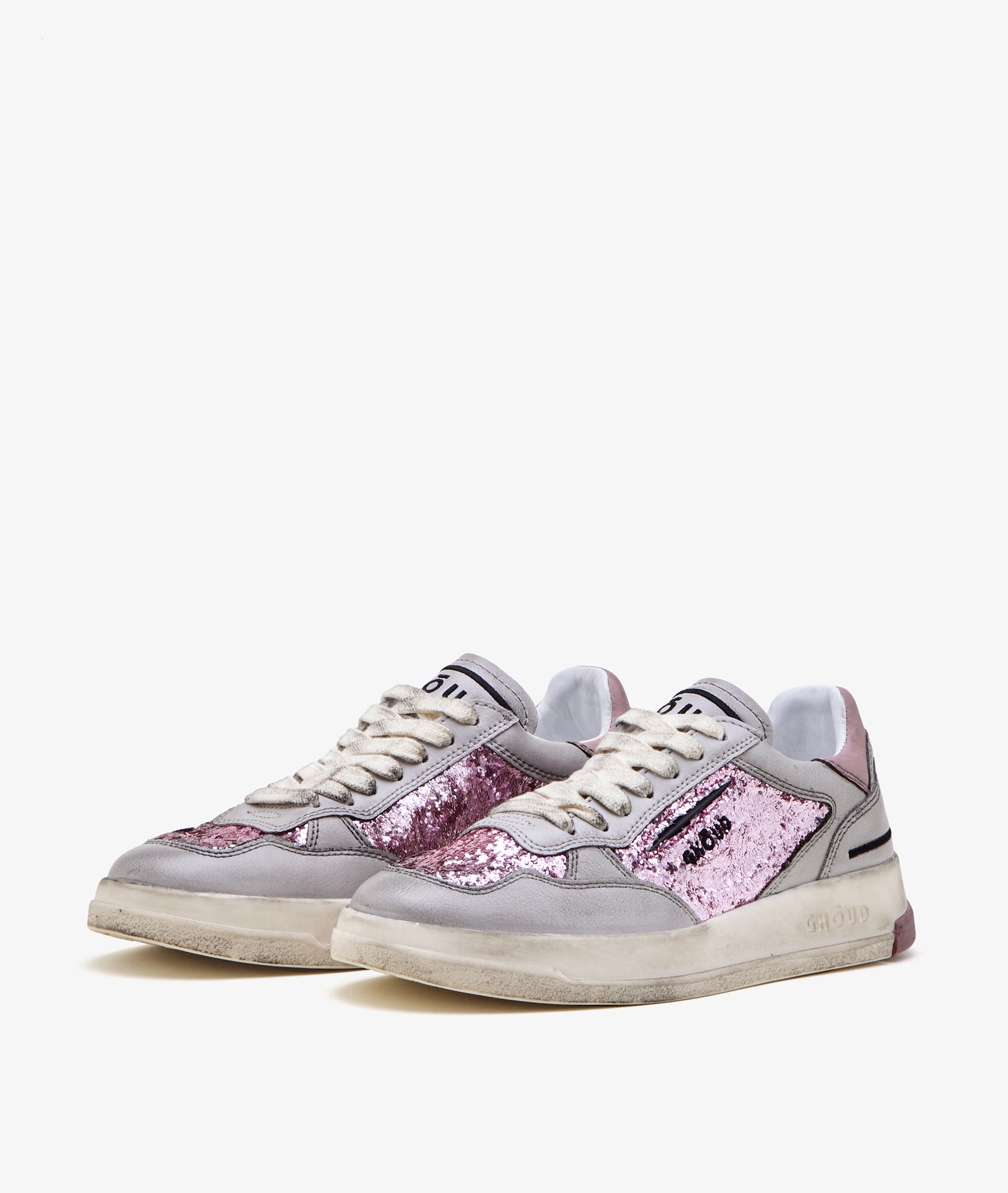 TWEENER LOW IN SOFT TREATED LEATHER WITH PINK GLITTER AND WHITE